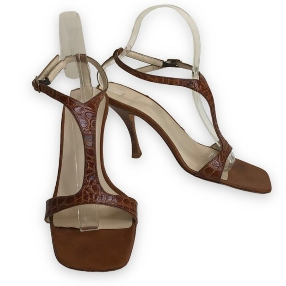 Vera Wang Leather T Strap Sandal Heels Brown Croco Embossed Italian Women Size 8